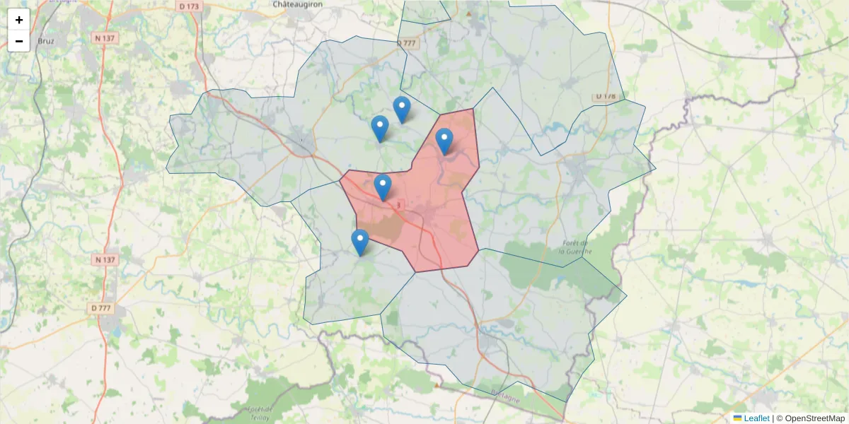 Carte de la zone du code postal  et des codes postaux voisins en France
