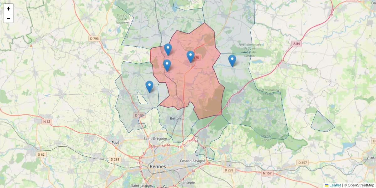 Carte de la zone du code postal  et des codes postaux voisins en France
