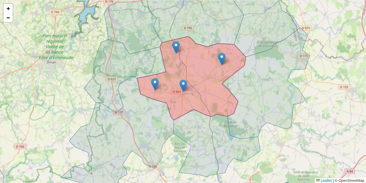 Carte de la zone du code postal  et des codes postaux voisins en France