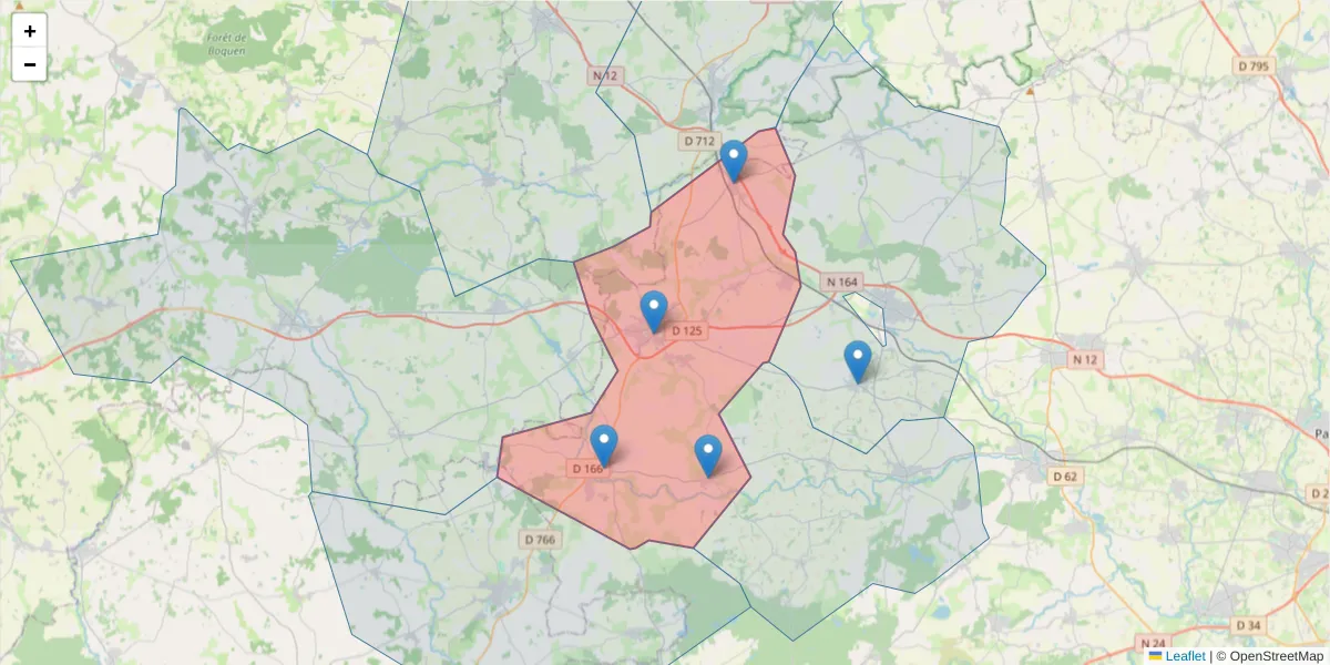 Carte de la zone du code postal  et des codes postaux voisins en France