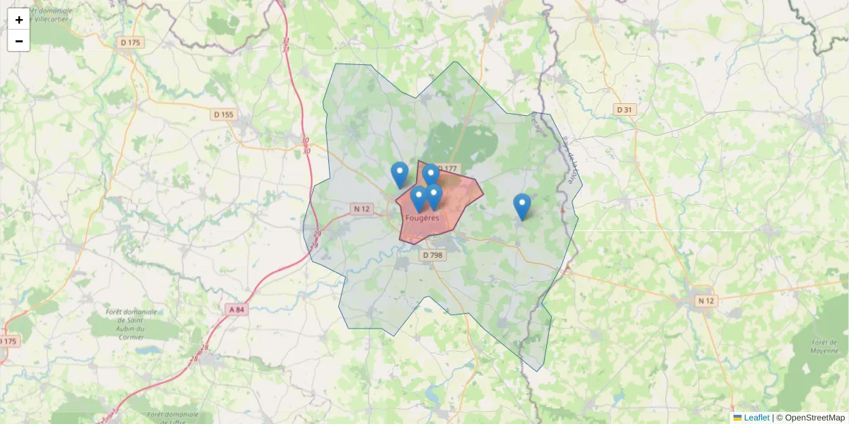 Carte de la zone du code postal  et des codes postaux voisins en France
