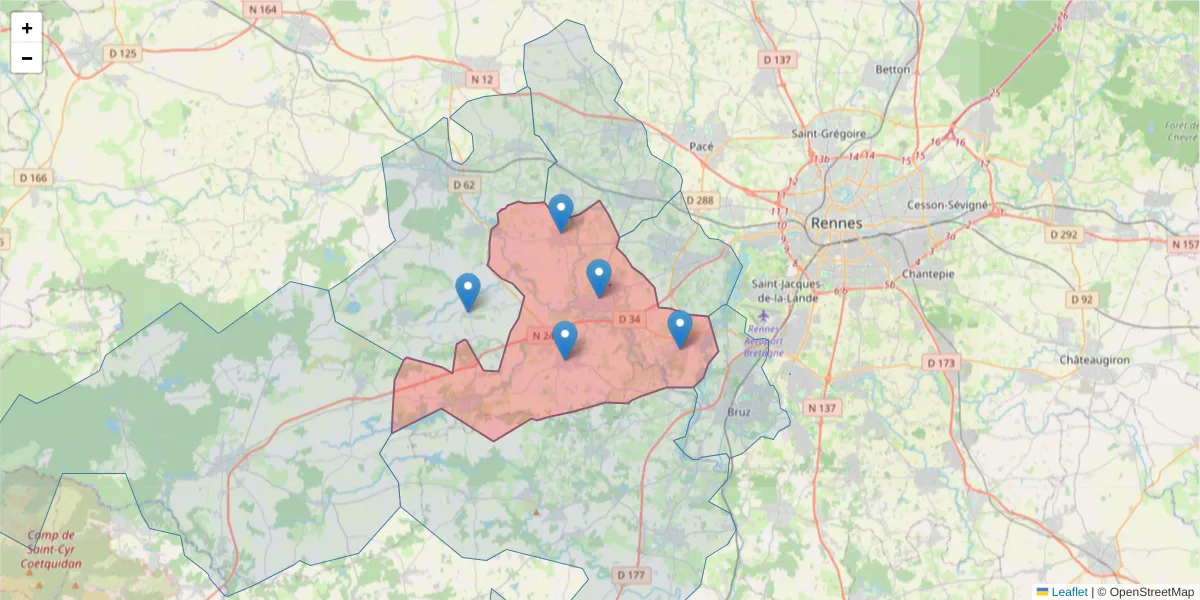 Carte de la zone du code postal  et des codes postaux voisins en France