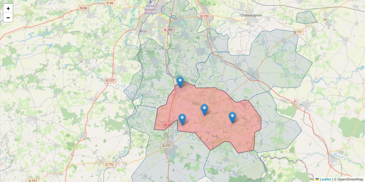 Carte de la zone du code postal  et des codes postaux voisins en France
