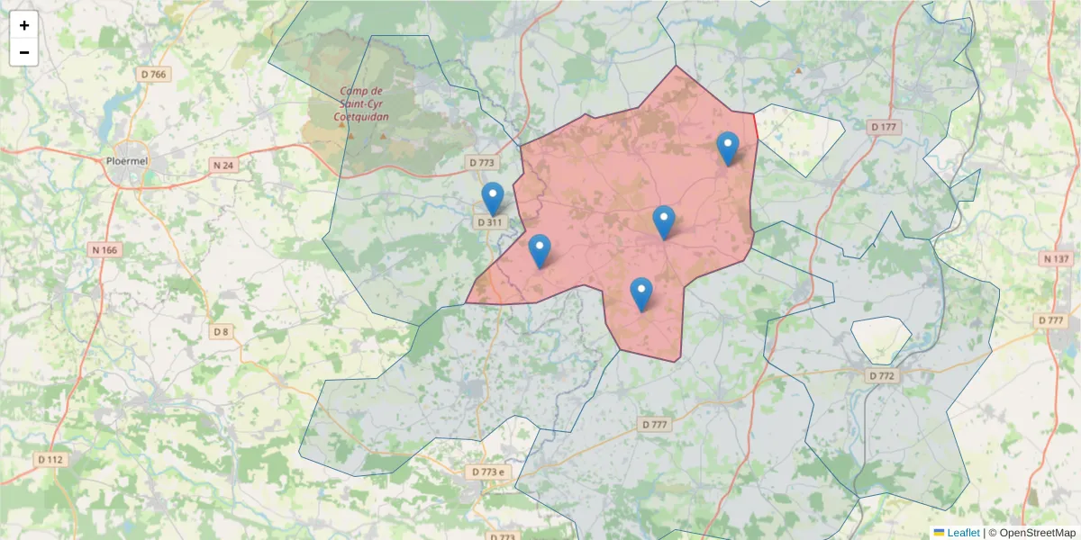 Carte de la zone du code postal  et des codes postaux voisins en France