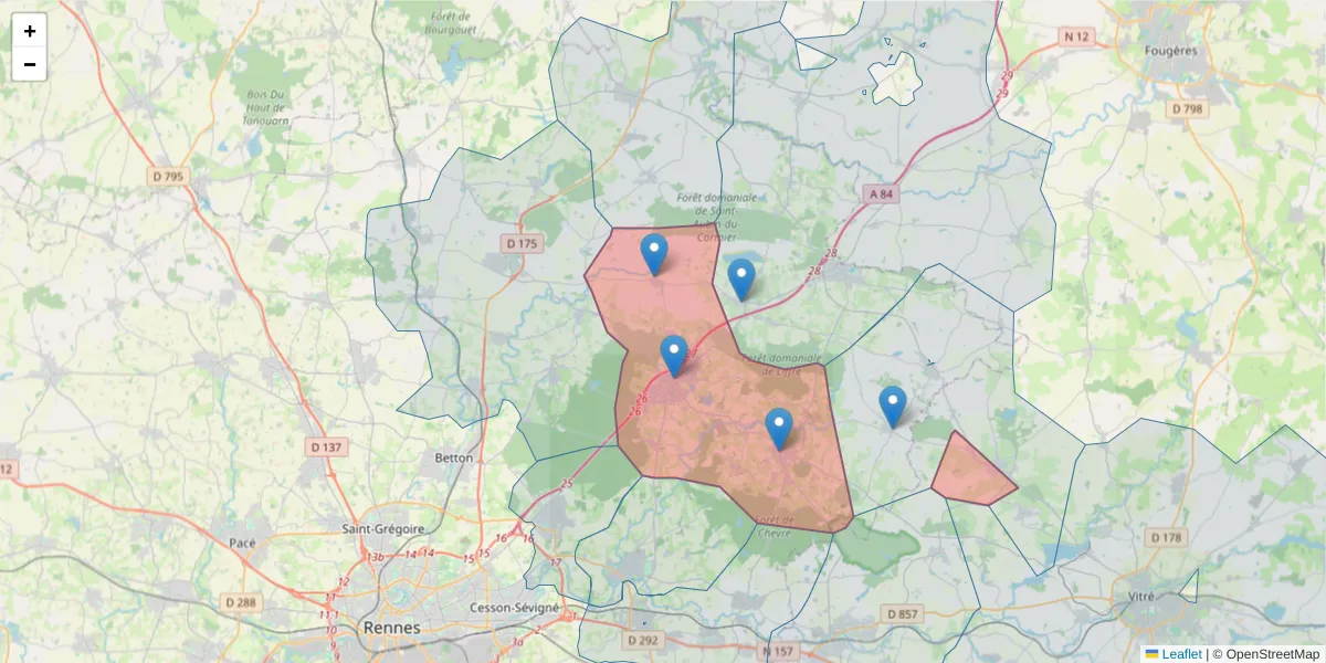 Carte de la zone du code postal  et des codes postaux voisins en France