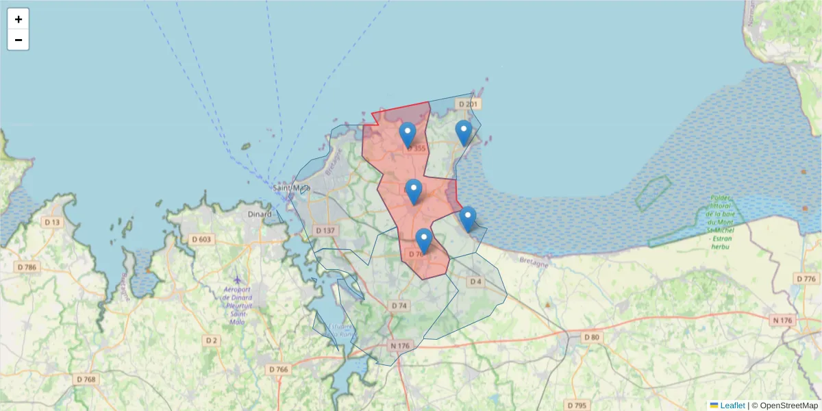Carte de la zone du code postal  et des codes postaux voisins en France