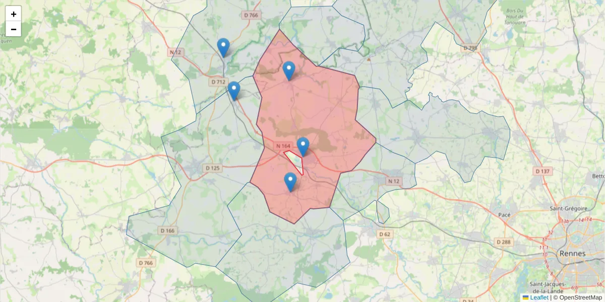 Carte de la zone du code postal  et des codes postaux voisins en France