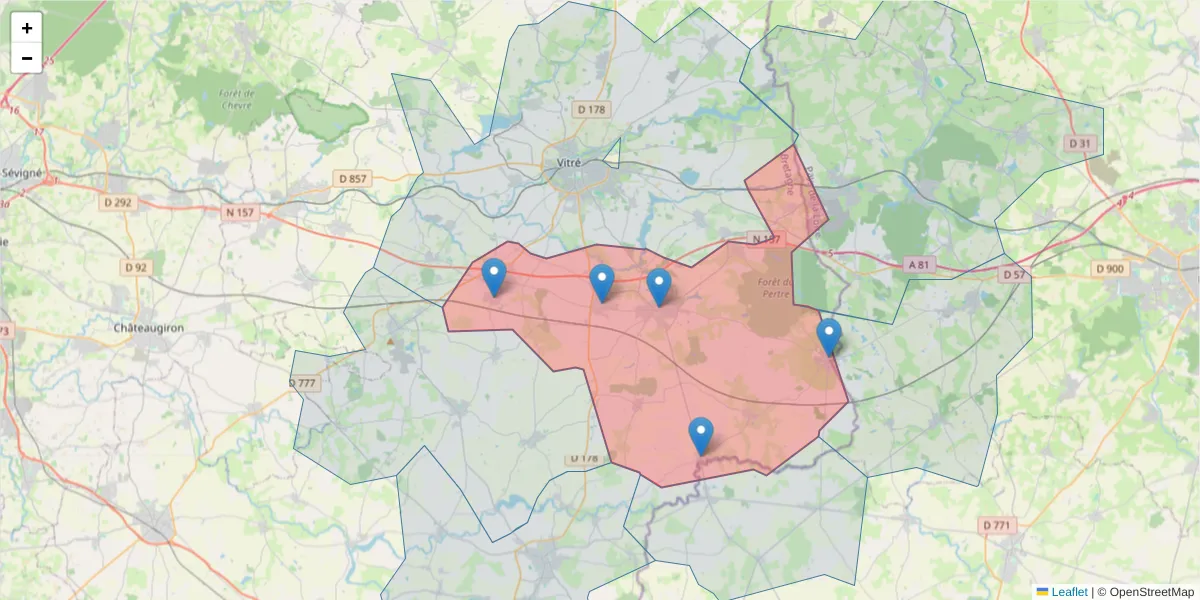 Carte de la zone du code postal  et des codes postaux voisins en France