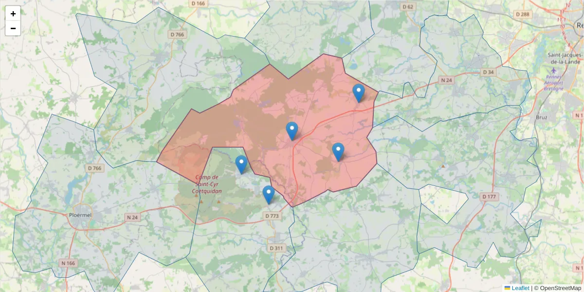 Carte de la zone du code postal  et des codes postaux voisins en France