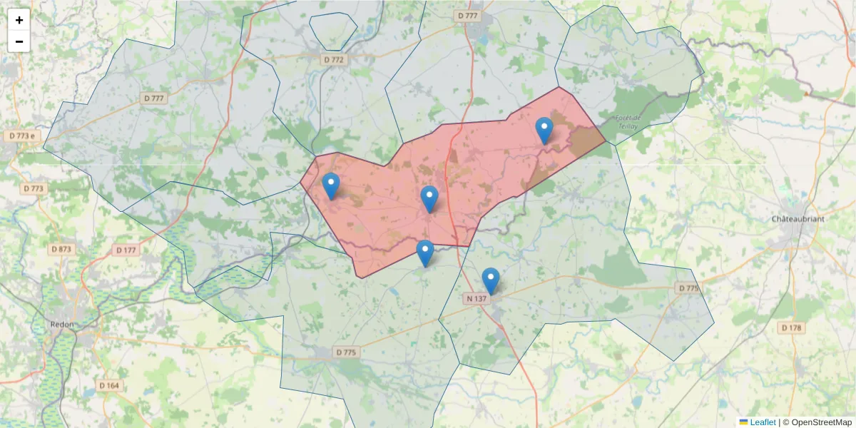 Carte de la zone du code postal  et des codes postaux voisins en France
