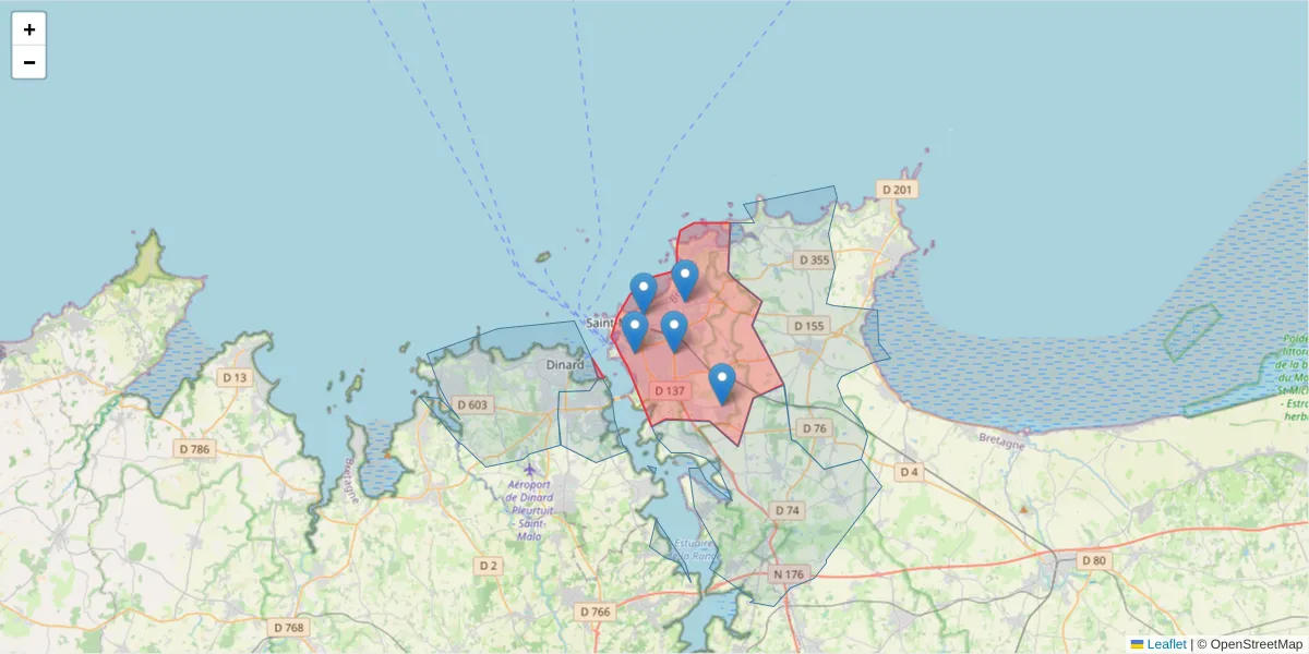 Carte de la zone du code postal  et des codes postaux voisins en France