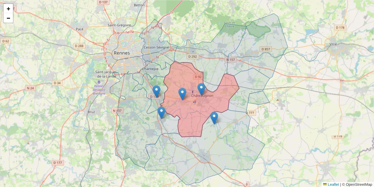 Carte de la zone du code postal  et des codes postaux voisins en France