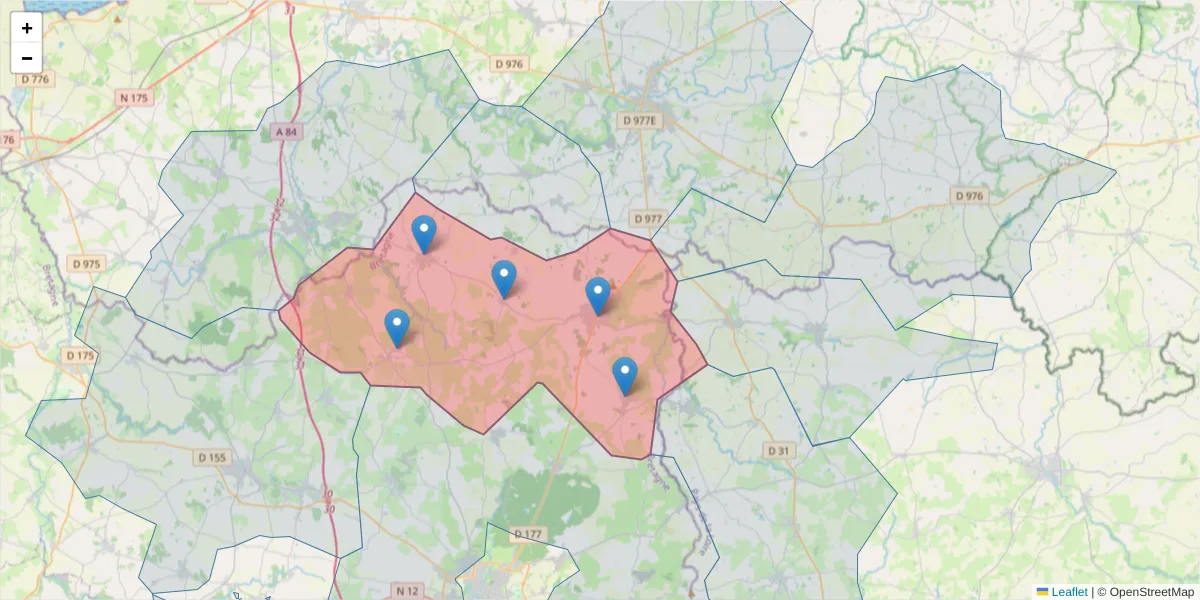 Carte de la zone du code postal  et des codes postaux voisins en France