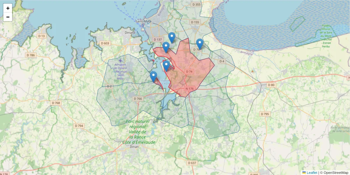 Carte de la zone du code postal  et des codes postaux voisins en France