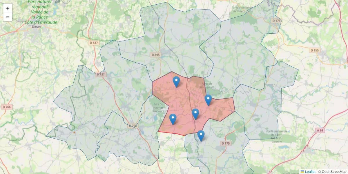 Carte de la zone du code postal  et des codes postaux voisins en France