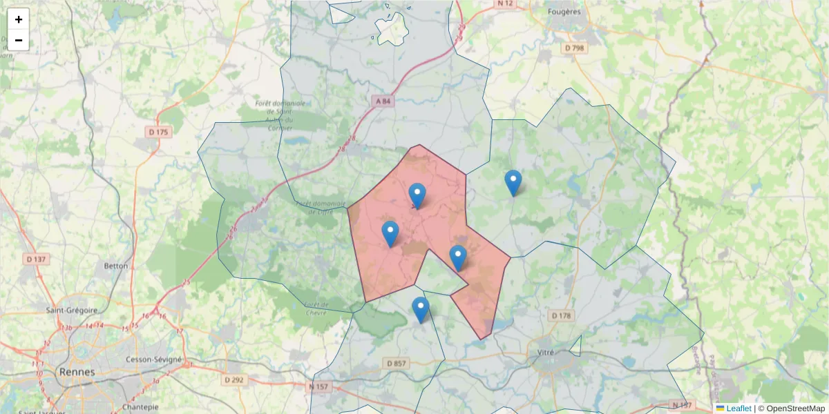 Carte de la zone du code postal  et des codes postaux voisins en France