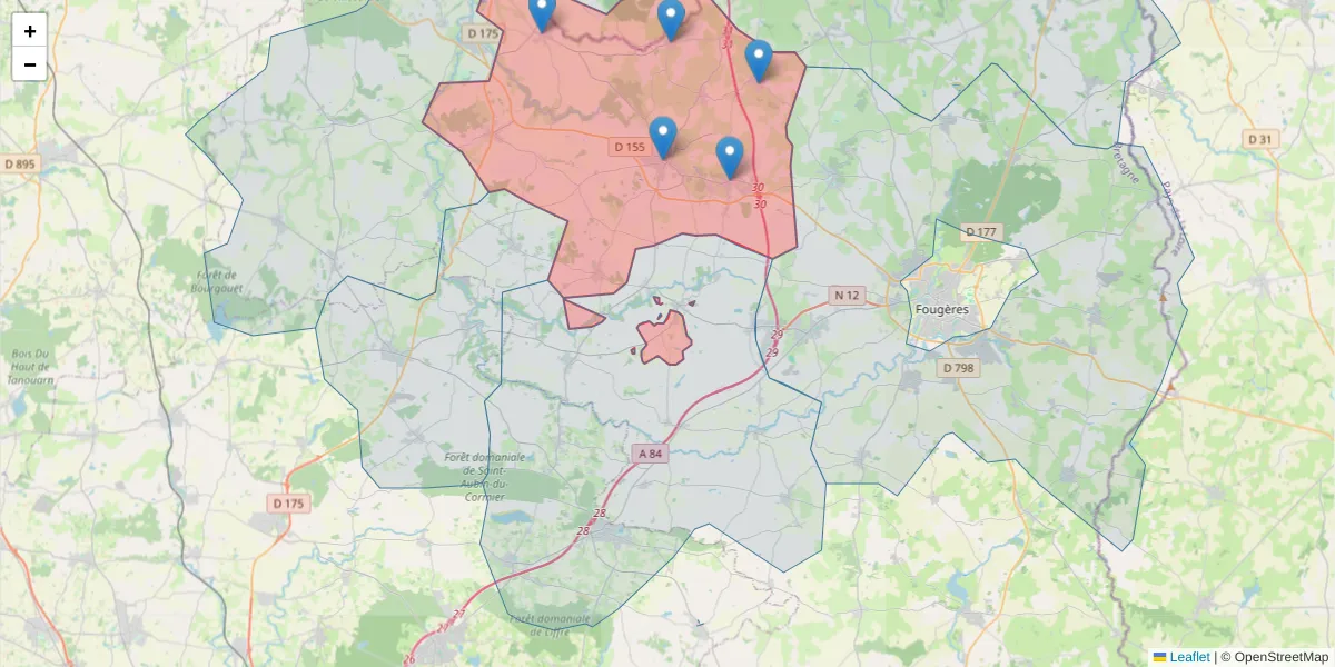 Carte de la zone du code postal  et des codes postaux voisins en France