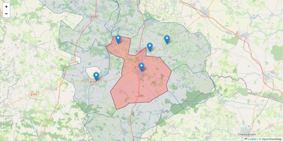 Carte de la zone du code postal  et des codes postaux voisins en France