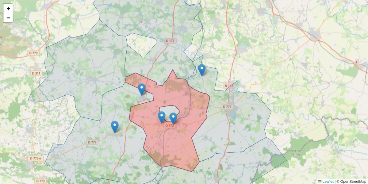 Carte de la zone du code postal  et des codes postaux voisins en France