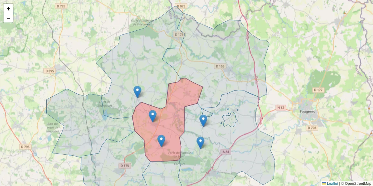 Carte de la zone du code postal  et des codes postaux voisins en France