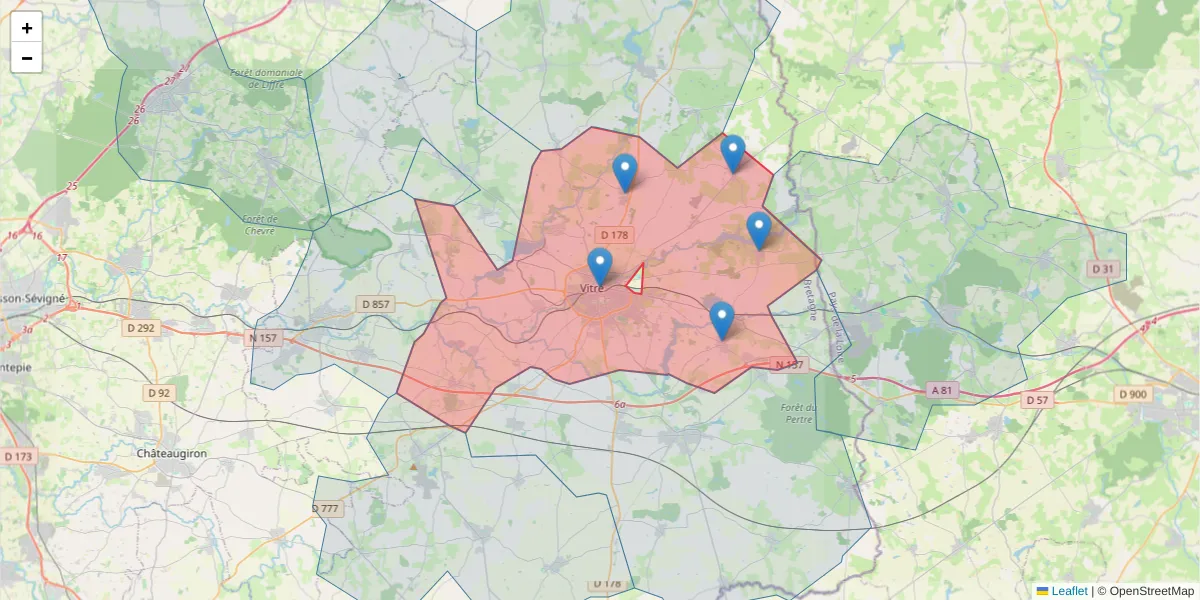 Carte de la zone du code postal  et des codes postaux voisins en France