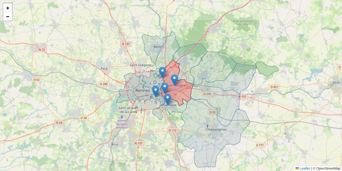 Carte de la zone du code postal  et des codes postaux voisins en France