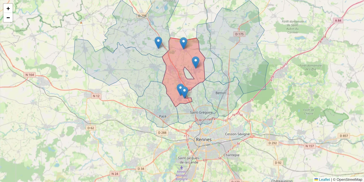 Carte de la zone du code postal  et des codes postaux voisins en France