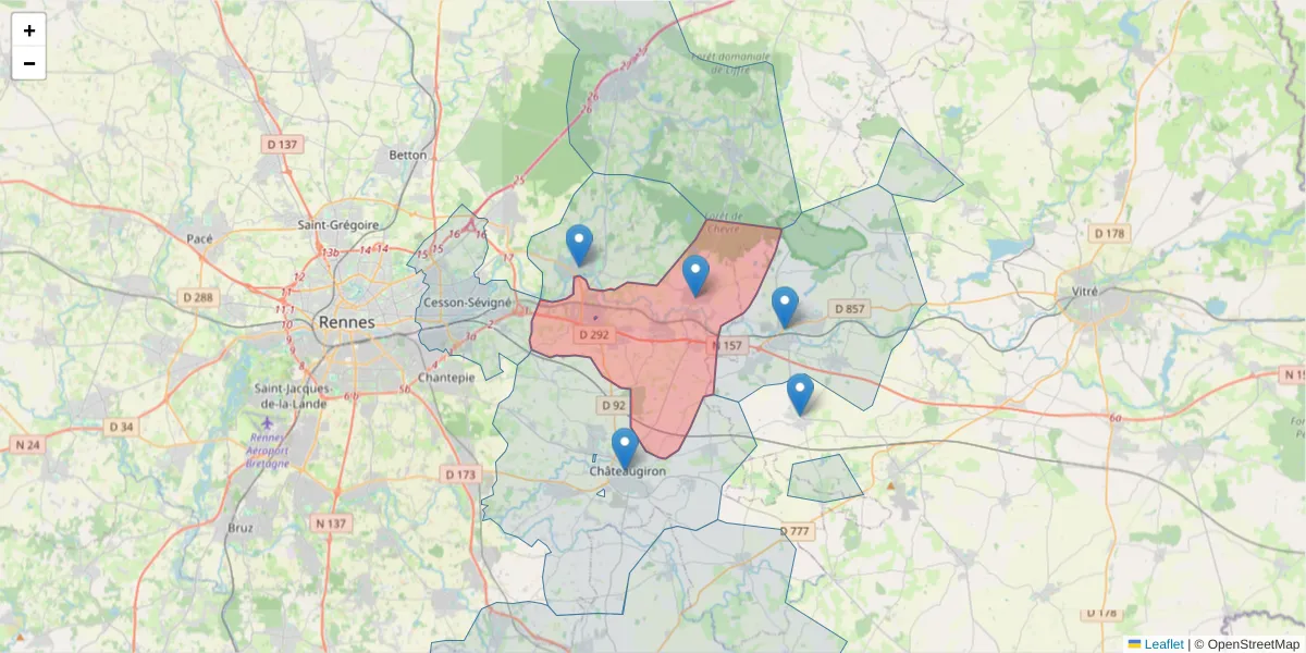 Carte de la zone du code postal  et des codes postaux voisins en France