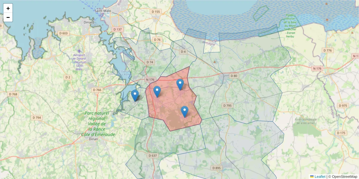 Carte de la zone du code postal  et des codes postaux voisins en France