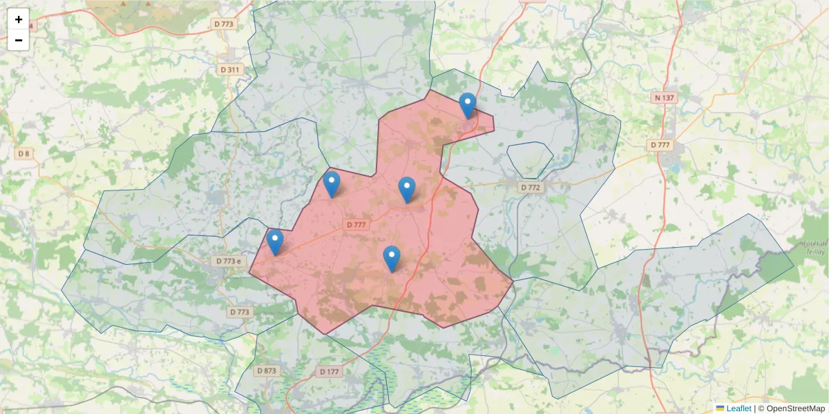 Carte de la zone du code postal  et des codes postaux voisins en France