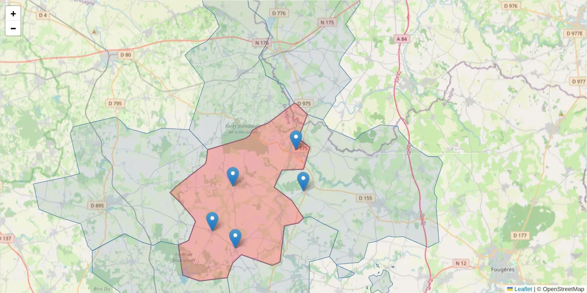 Carte de la zone du code postal  et des codes postaux voisins en France