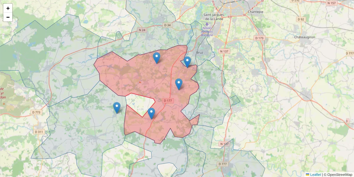 Carte de la zone du code postal  et des codes postaux voisins en France