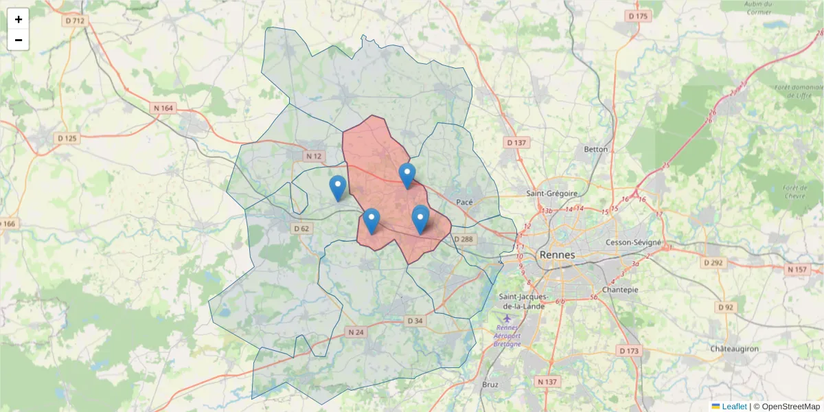 Carte de la zone du code postal  et des codes postaux voisins en France