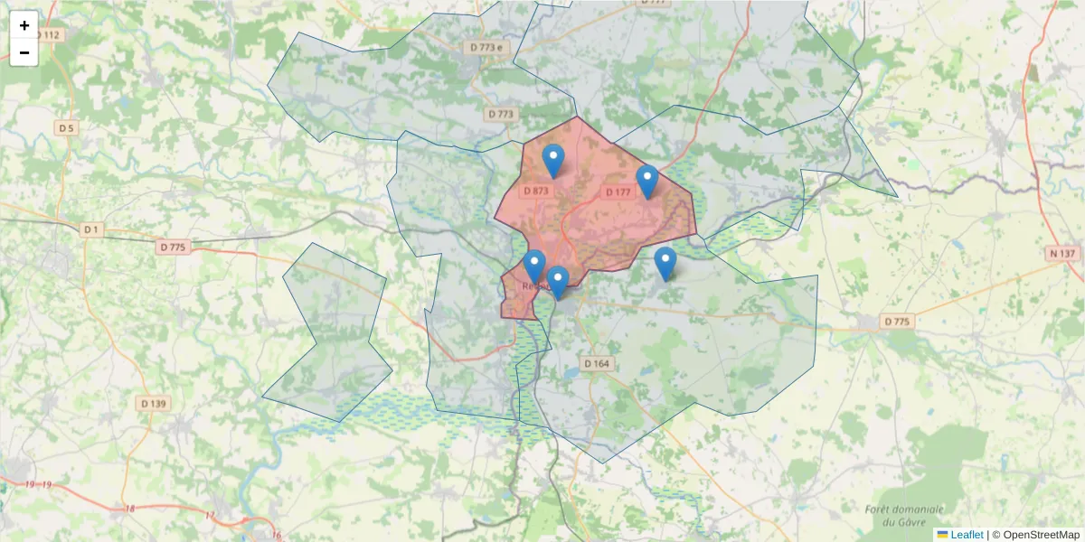 Carte de la zone du code postal  et des codes postaux voisins en France