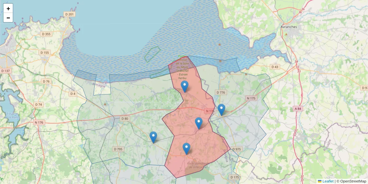 Carte de la zone du code postal  et des codes postaux voisins en France