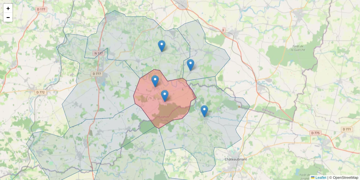 Carte de la zone du code postal  et des codes postaux voisins en France