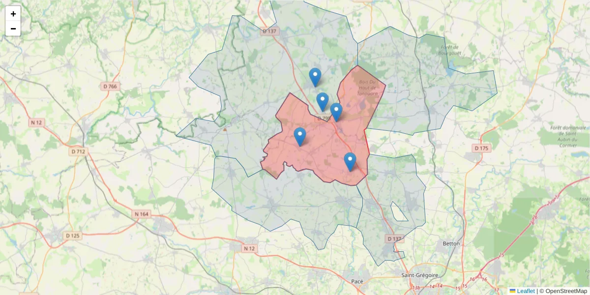 Carte de la zone du code postal  et des codes postaux voisins en France