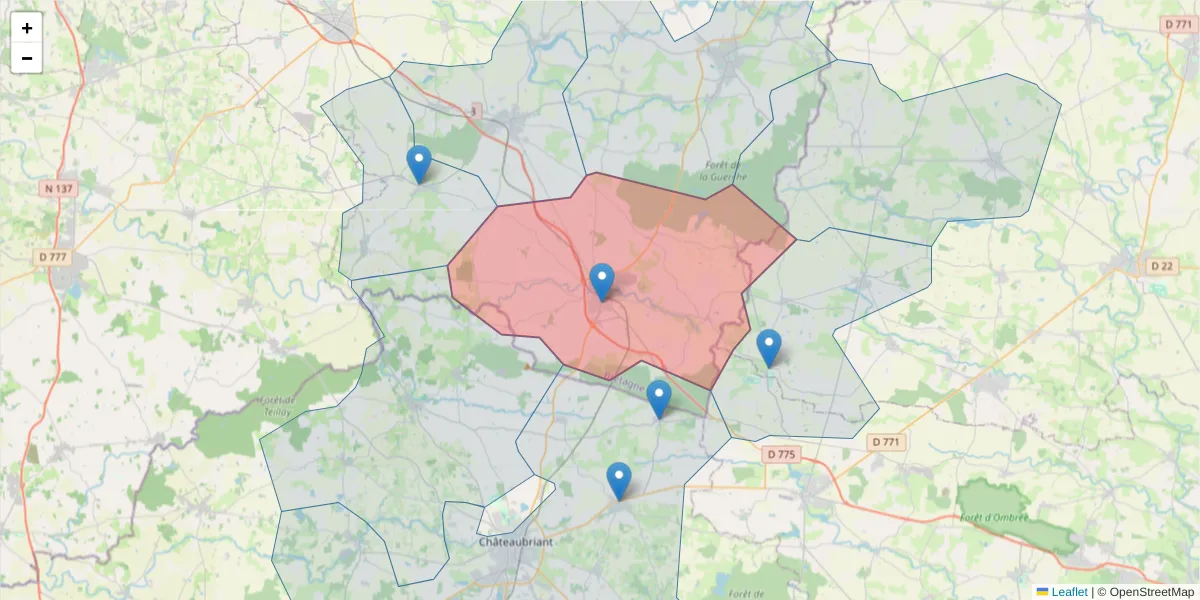 Carte de la zone du code postal  et des codes postaux voisins en France