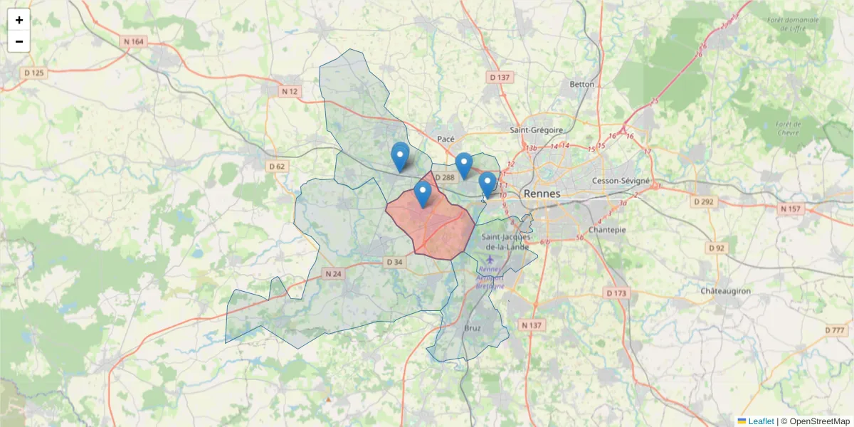 Carte de la zone du code postal  et des codes postaux voisins en France