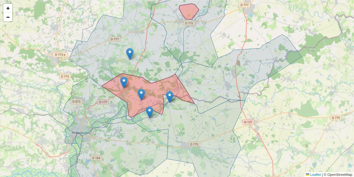 Carte de la zone du code postal  et des codes postaux voisins en France