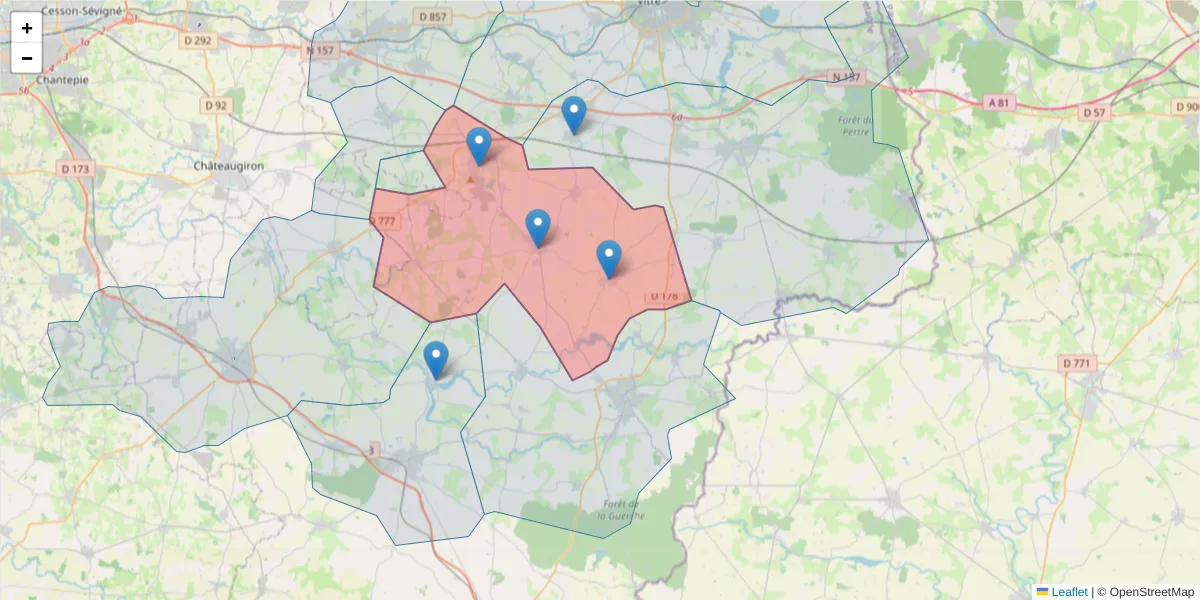 Carte de la zone du code postal  et des codes postaux voisins en France