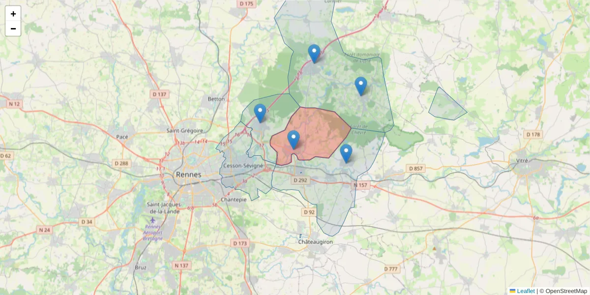 Carte de la zone du code postal  et des codes postaux voisins en France