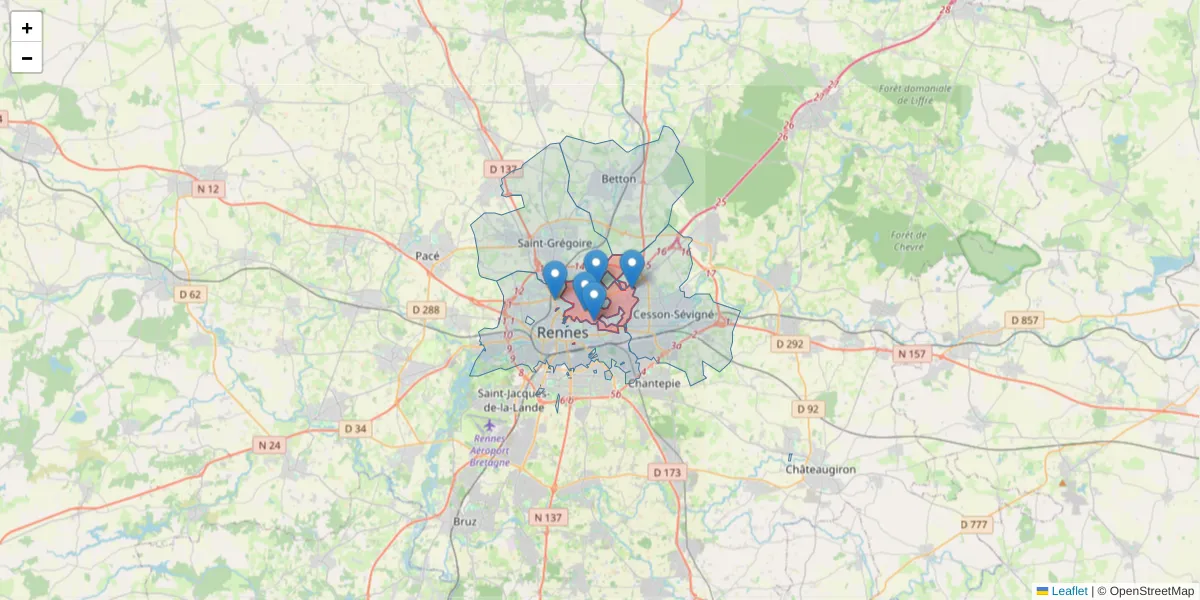 Carte de la zone du code postal  et des codes postaux voisins en France
