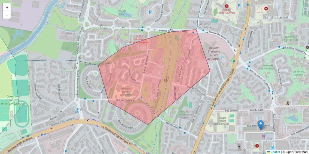 Carte de la zone du code postal  et des codes postaux voisins en France