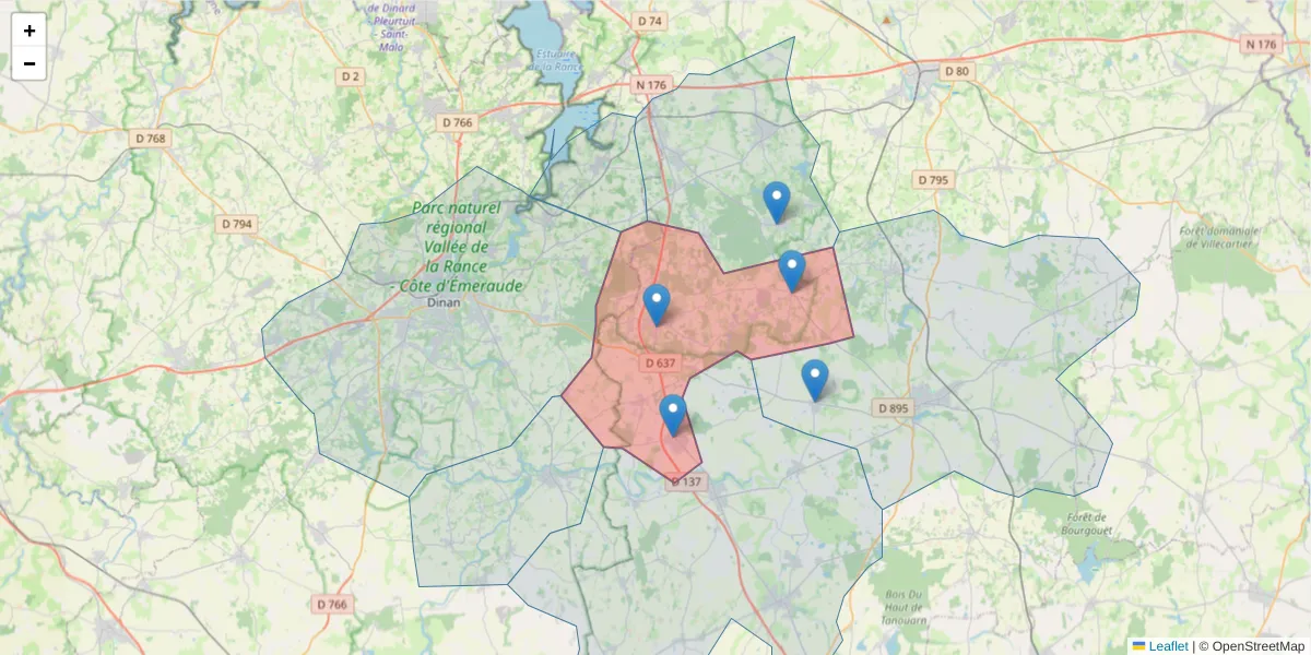 Carte de la zone du code postal  et des codes postaux voisins en France