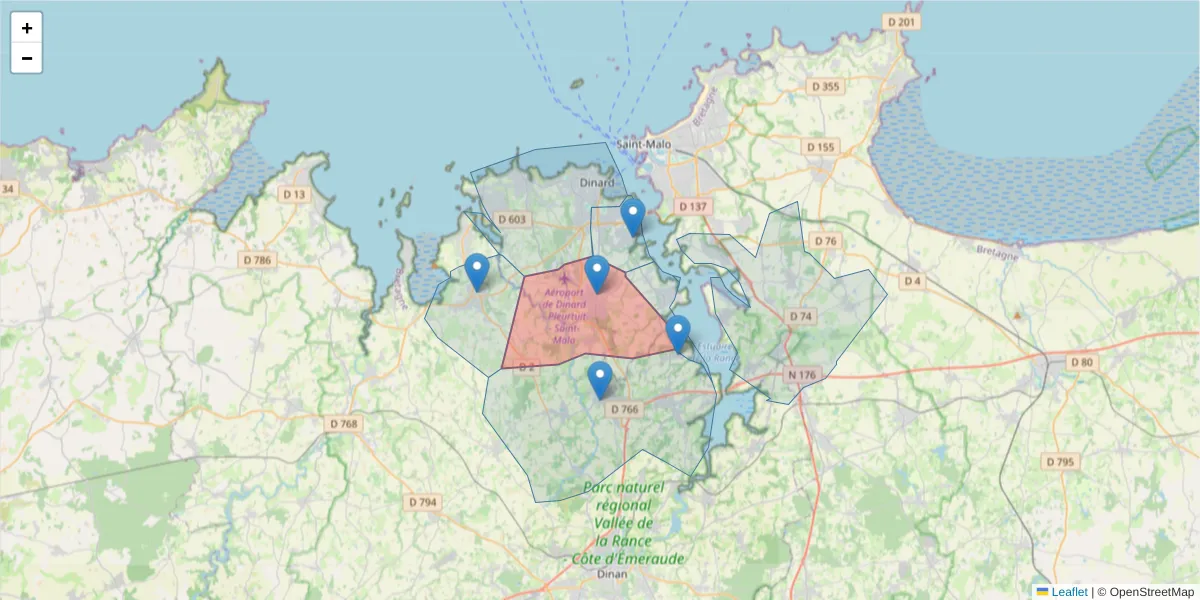 Carte de la zone du code postal  et des codes postaux voisins en France