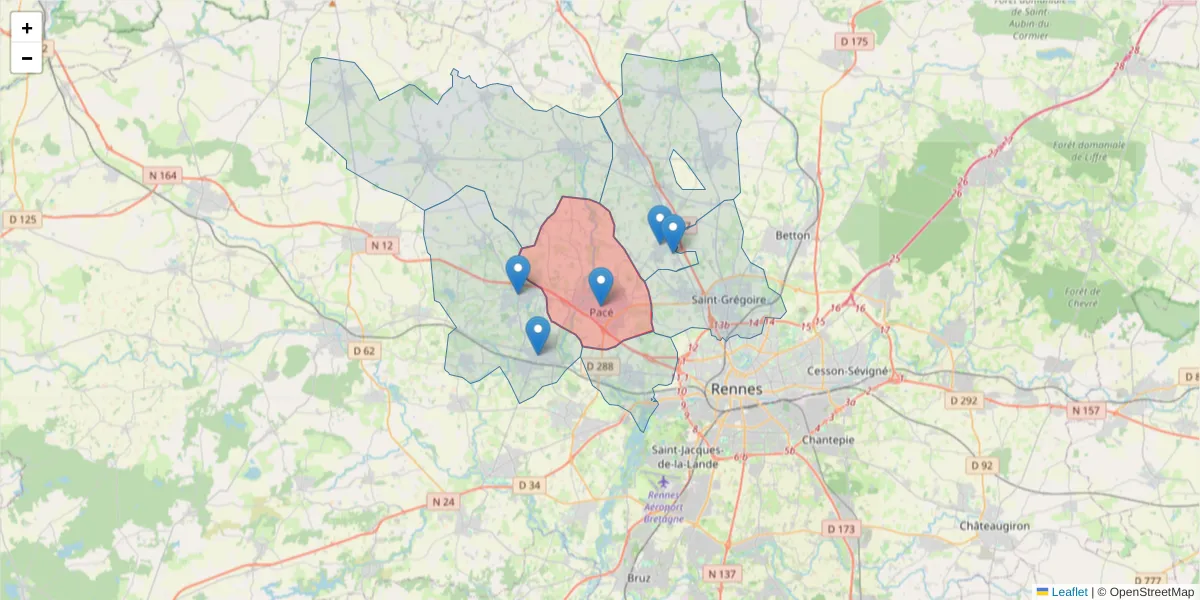 Carte de la zone du code postal  et des codes postaux voisins en France