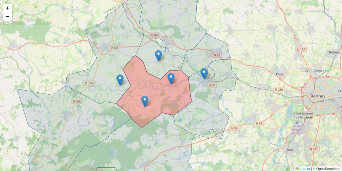 Carte de la zone du code postal  et des codes postaux voisins en France