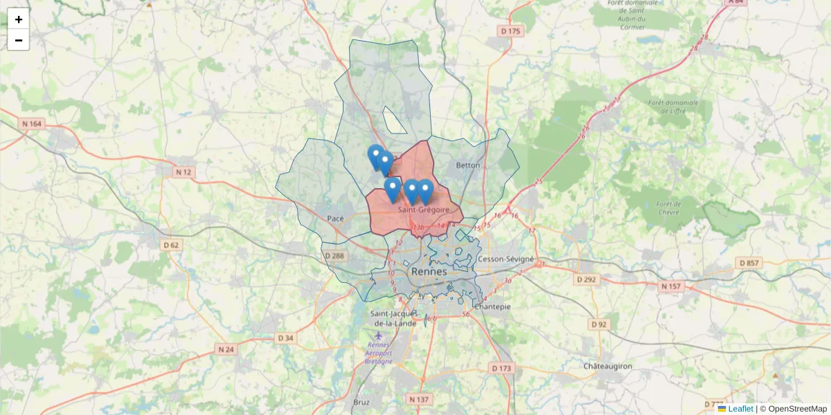 Carte de la zone du code postal  et des codes postaux voisins en France