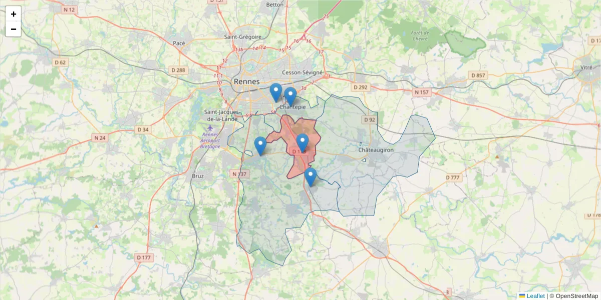 Carte de la zone du code postal  et des codes postaux voisins en France